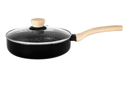 Bergner Bellini Plus Aura 5-Layer Non-Stick 24 cm Deep Frypan with Glass Lid, 2.4 Litres Frying Pan with Soft Touch Wooden Finish Handle, Induction Bottom and Gas Stove Ready, Black